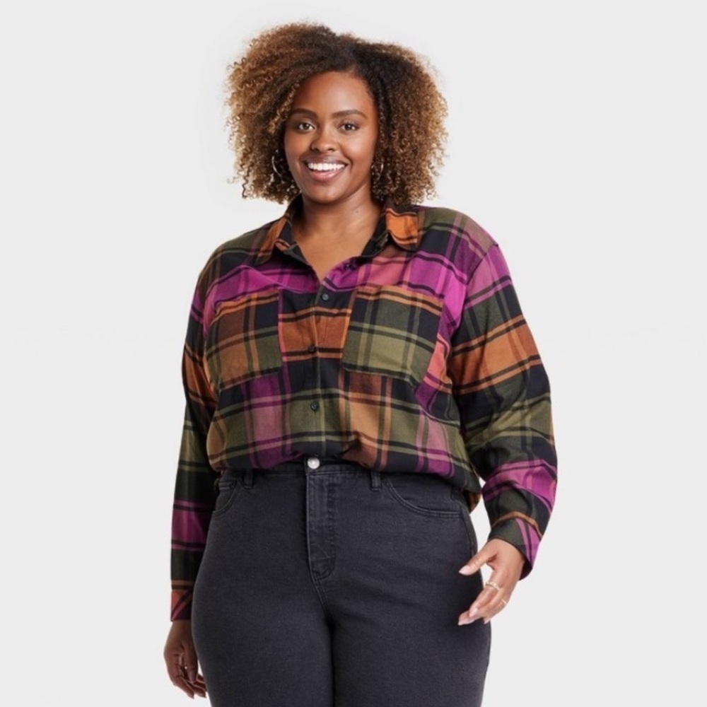 Ava & Viv Women's Plaid Multicolor Button Down Shirt - Size XXL